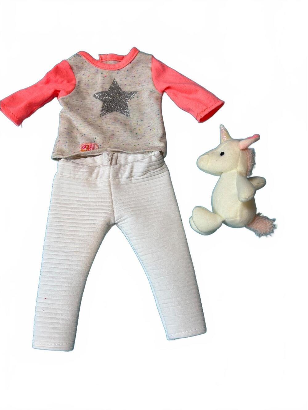 Our Generation 18" Doll Outfit Glitter Star Top White Pants Unicorn Plush